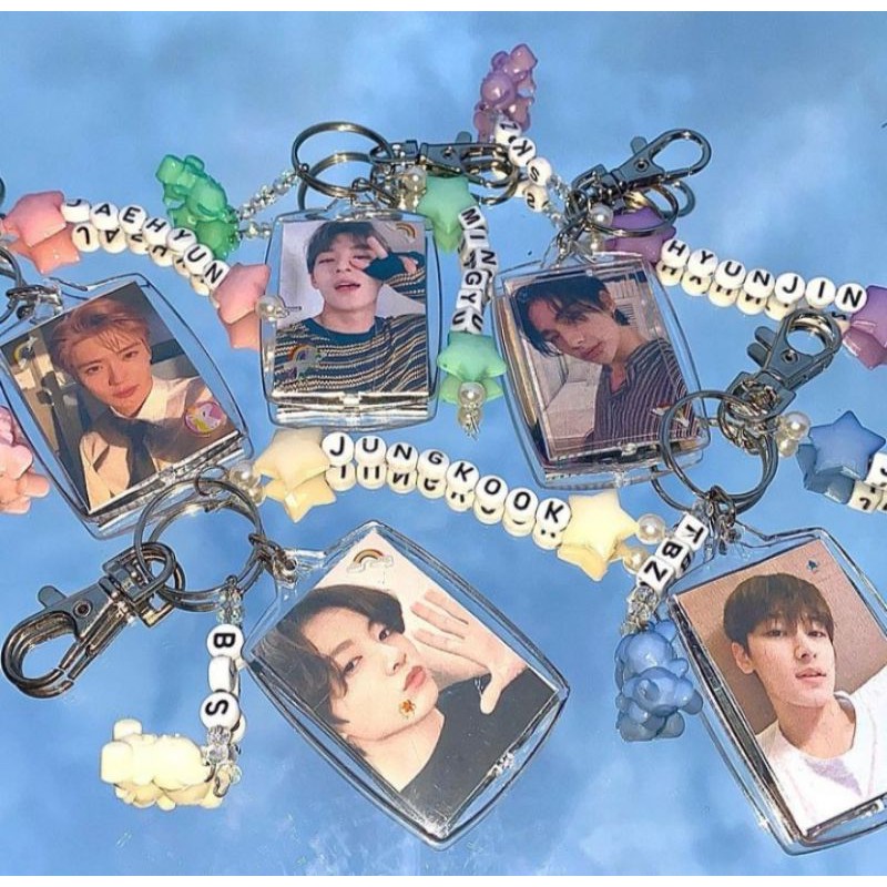 Móc khoá, keyrings + keychain handmade hạt cườm, nhựa kèm theo khung đựng ảnh có thể thay được:333