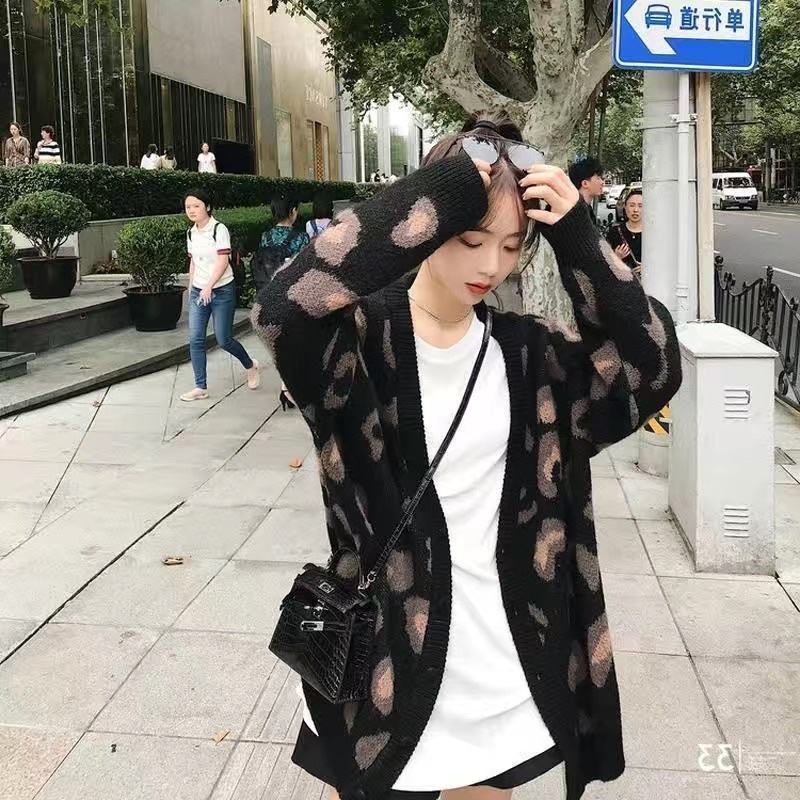 Áo khoác cardigan len họa tiết da báo dáng dài 3 màu