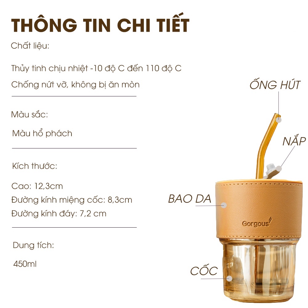 Cốc thủy tinh uống nước có nắp bọc da kèm ống hút Gorgous chịu nhiêt tốt dung tích 450ml màu hổ phách vintage