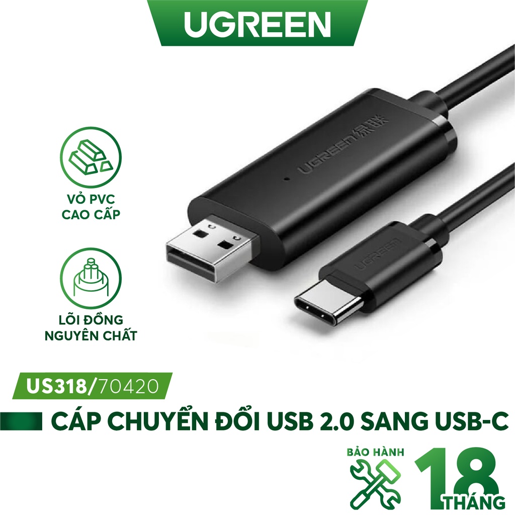 Cáp dữ liệu USB 2.0 sang USB type C tích hợp chipset, dài 2m UGREEN US318 70420