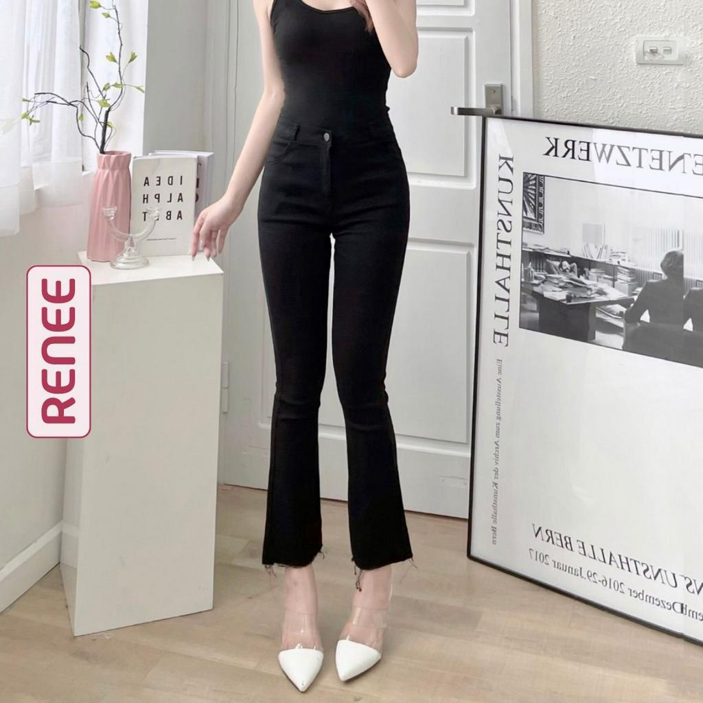 Quần jean nữ ống loe cạp cao, quần bò giấy co giãn 4 chiều màu đen trơn Hàn Quốc - Q59
