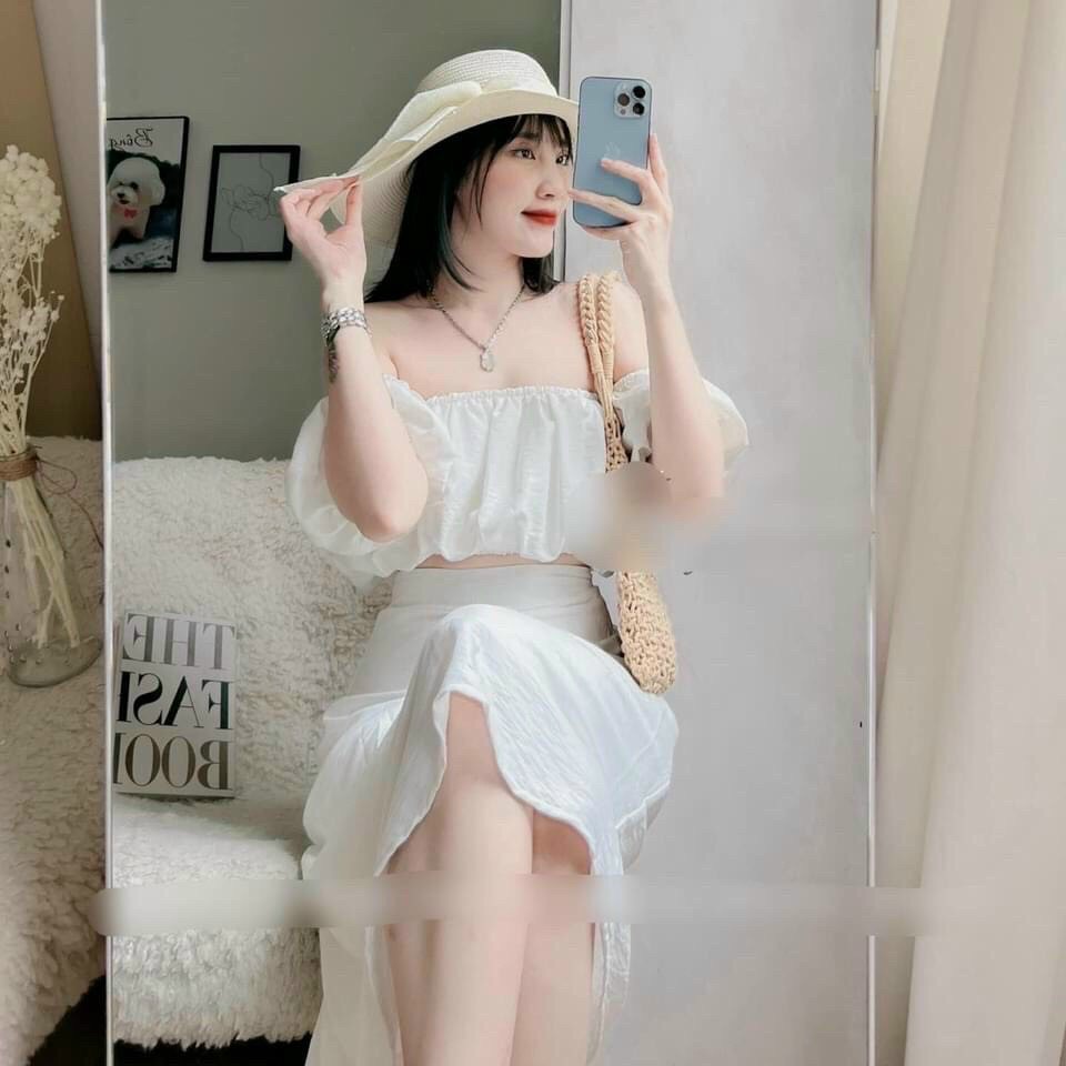 Set Váy Nữ Áo Croptop Trễ Vai Phối Chân Váy Chất Liệu Đũi Nhăn Nhẹ Nhàng, Set Bộ Đi Chơi Thiết Kế Kiểu Dáng Hiện Đại Mp