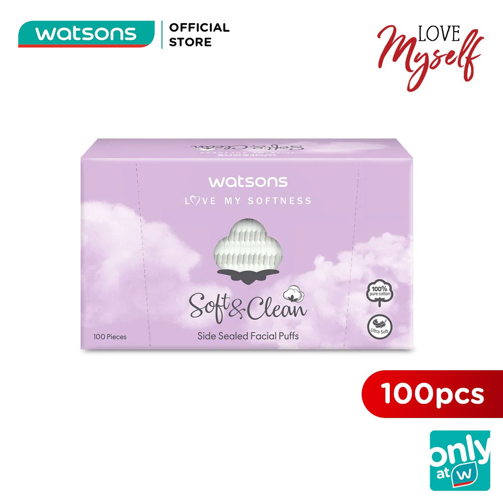 Bông Tẩy Trang Watsons Love My Softness Soft &amp; Clean Side Sealed Facial Puff Cuốn Biên 100 Miếng