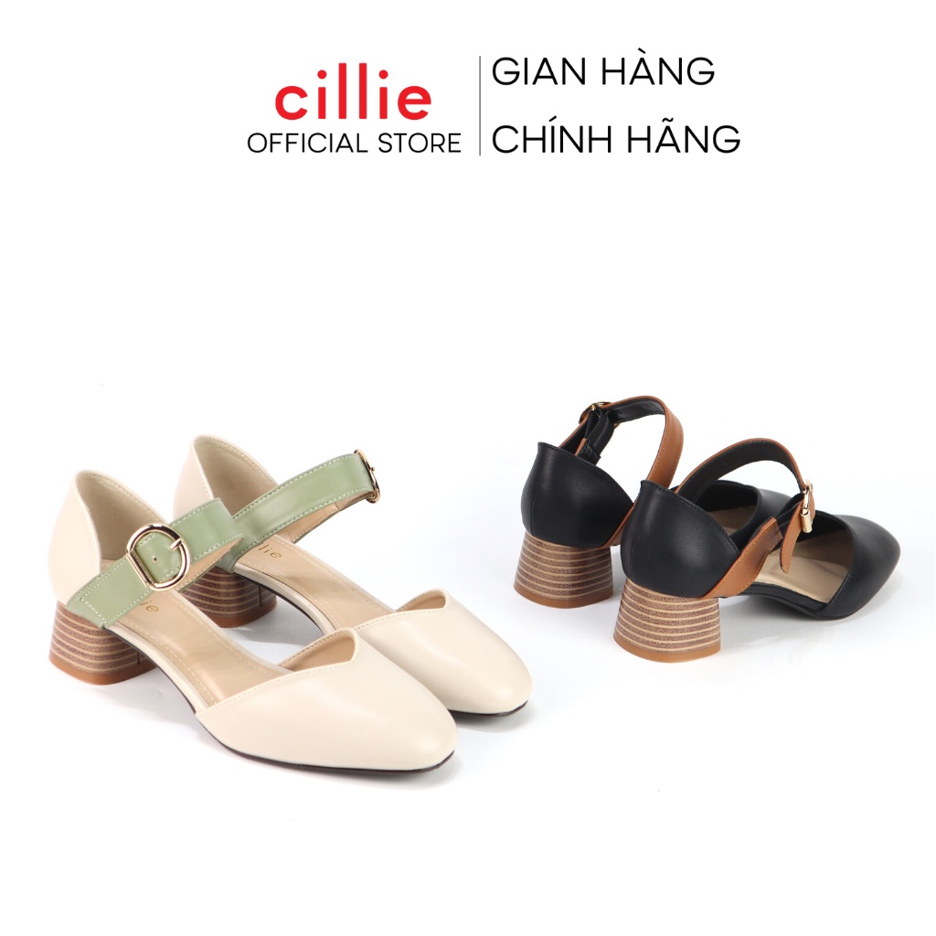 Giày sandal cao gót nữ mũi tròn cổ điển phối màu tươi mới gót vuông 4cm đi học đi làm Cillie 1133