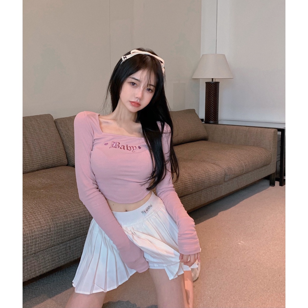 Áo thun tay dài cổ vuông dáng ôm thiết kế độc đáo thời trang cho nữ