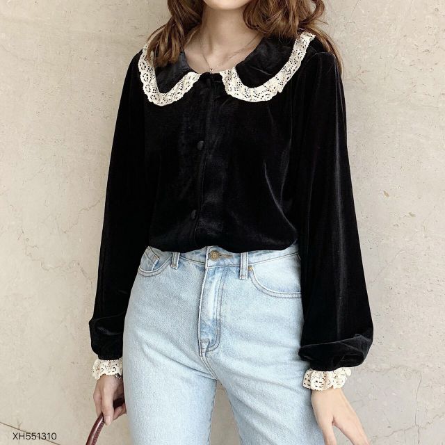 Áo nhung tay dài cổ sen viền ren (kèm hình nền chụp thật)