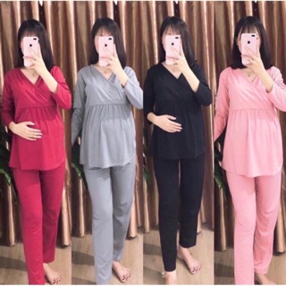 Bộ bầu và sau sinh dài tay vạt chéo cho con bú cao cấp cho mẹ 50-70kg