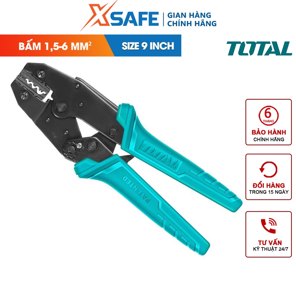 Kìm bấm cos đầu dây không cách điện TOTAL THCPL1506 dài 9 inch, có điều chỉnh lực ép, phù hợp nhiều thiết bị đầu cuối