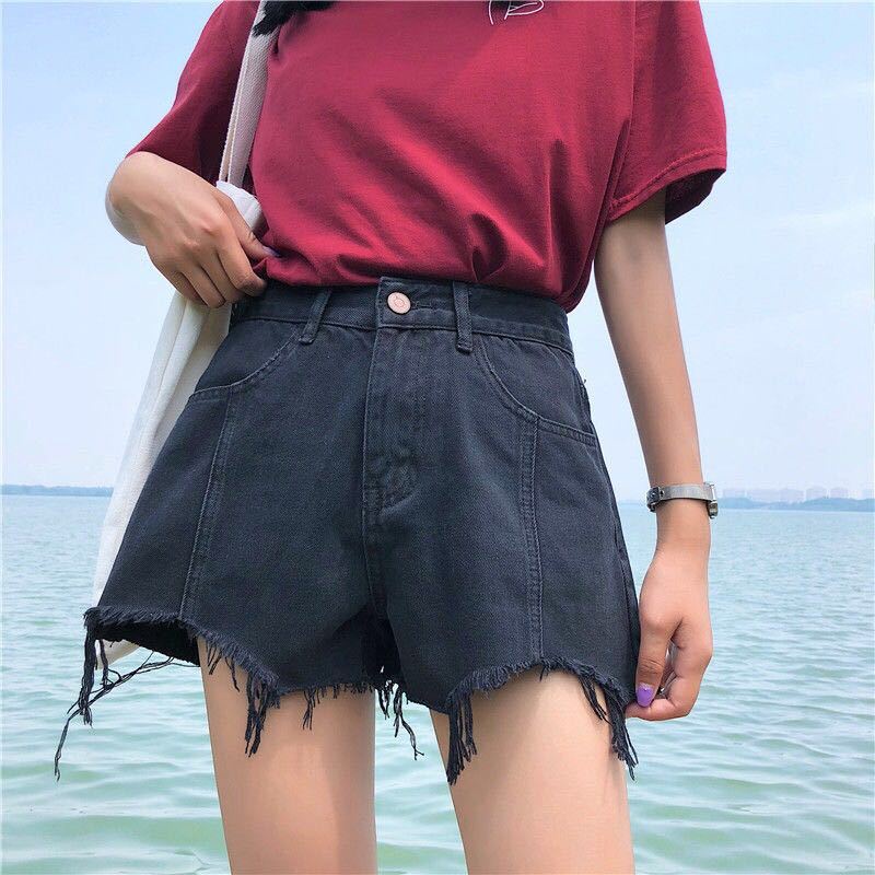 AMOI Quần Short Denim Lưng Cao Ống Rộng Thời Trang Hàn Quốc Cho Nữ