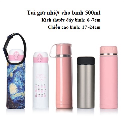 Túi đựng bình nước, túi đựng bình giữ nhiệt 500ml vải chống thấm, chống va đập có quai đeo + Mua kèm dây nối dài