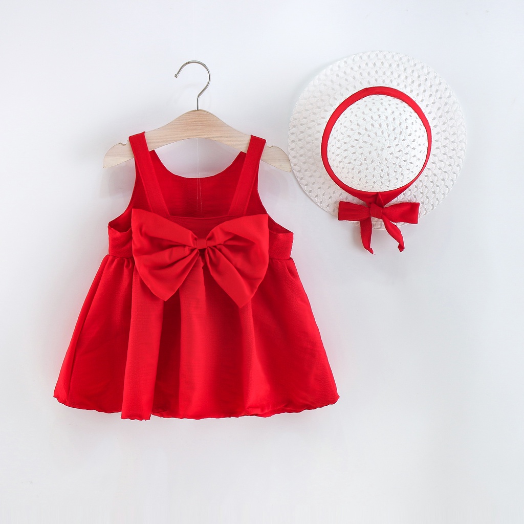 Hàng Có Sẵn Đầm Hai Dây Vải cotton Lanh Phối cotton Màu Trơn Đính Nơ Lớn Thời Trang Mùa Hè Mới Dành Cho Bé Gái