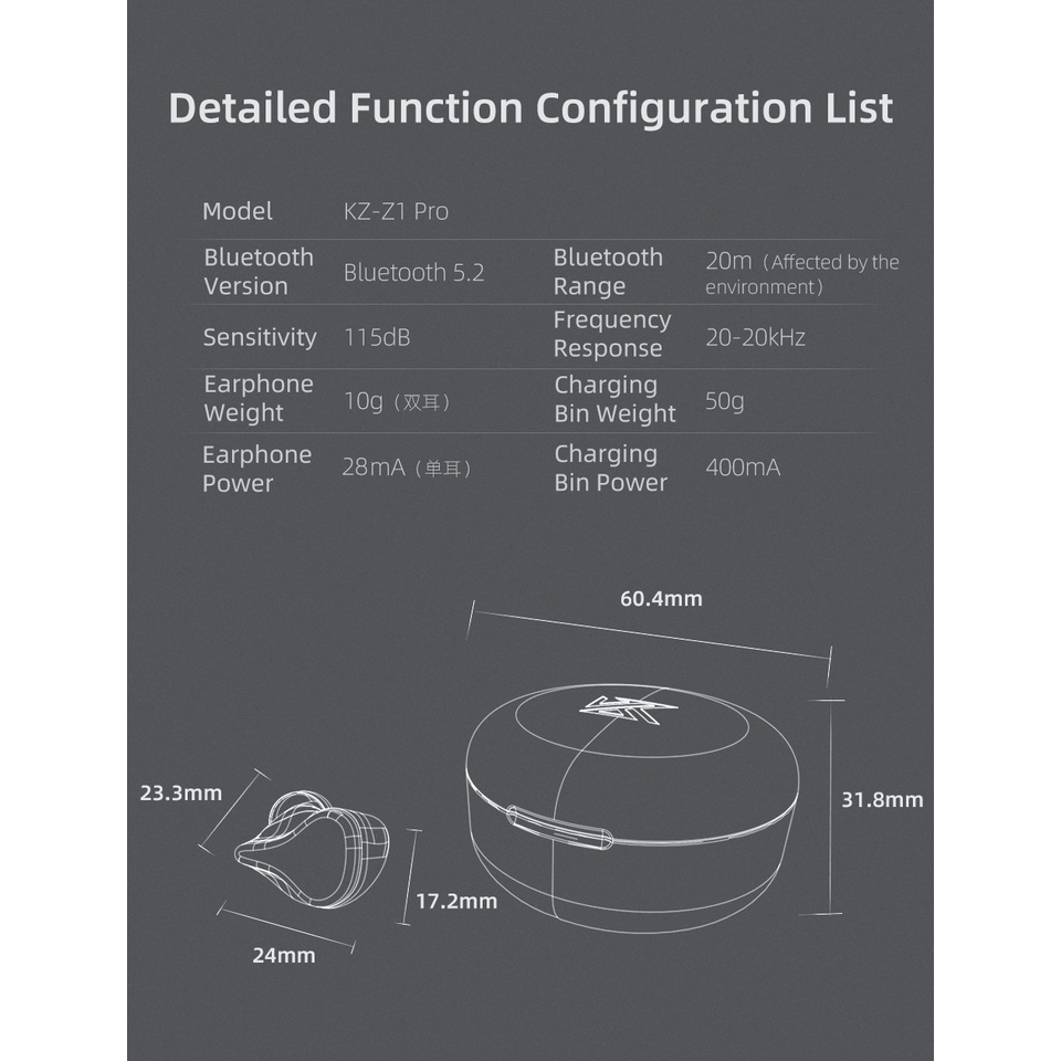 Kz Tai Nghe Nhét Tai z1 pro tws Không Dây Chống Ồn Kết Nối bluetooth hifi Phong Cách Thể Thao