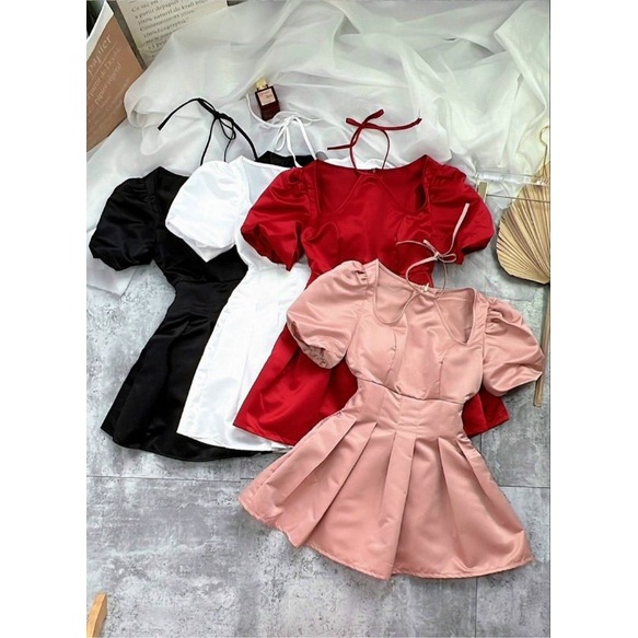 SET ÁO PELUM NUDE TAY PHỒNG DÂY CỔ YẾM + SHORT🖤