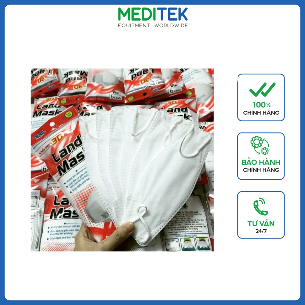 Khẩu trang 3D Land Mask trắng túi 6 chiếc, ngăn chặn khói bụi, vi khuẩn, bảo vệ hệ hô hấp