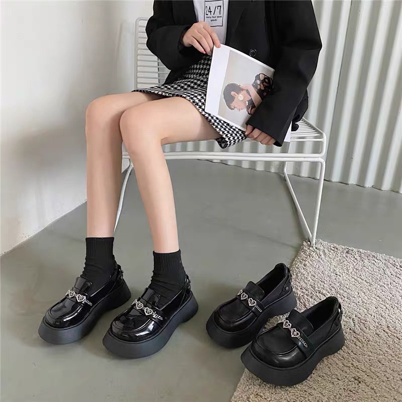 Giày da nữ Mary Jane độn đế đính đá dễ thương