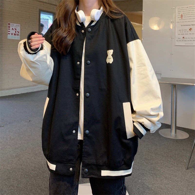Áo bomber cúc bấm phối tay họa tiết gấu dễ thương/ Áo khoác ngoài mặc thu đông form rộng unisex_xuongmaythuhien