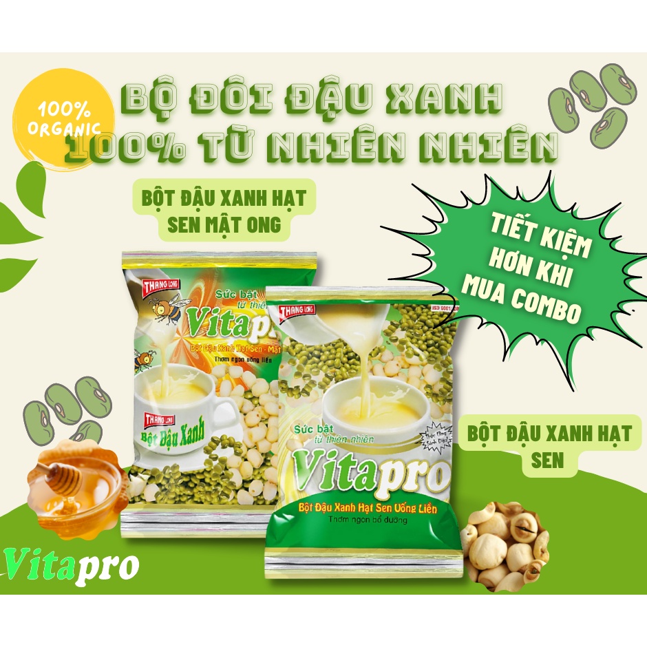 Bộ đôi bột đậu xanh hạt sen & bột đậu xanh hạt sen mật ong 100% nguyên chất