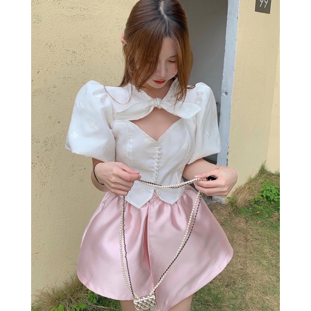 SET ÁO BAYDOLL TAY PHỒNG BÍ - CHÂN VÁY XOÈ SIÊU XINH ULLZANG (ảnh thật)