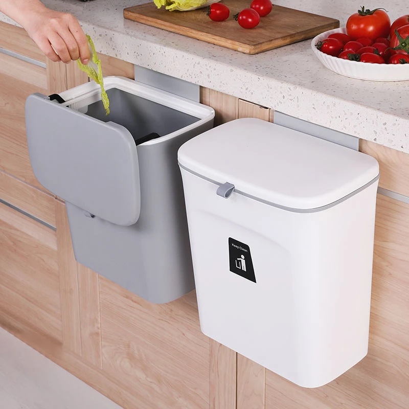 Thùng Đựng Rác Bằng Nhựa Gắn Tường Có Nắp Trượt Sáng Tạo 7L/9L