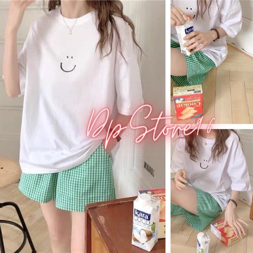 Bộ ngủ nữ áo trắng mặt cười phối short kate kẻ caro xanh DPS - Set thun form rộng tay lỡ sooc đùi đẹp hàn quốc ulzzang