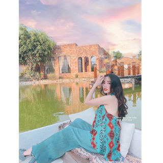 Set bộ áo yếm thổ cẩm quần ống suông dập ly ẢNH THẬT