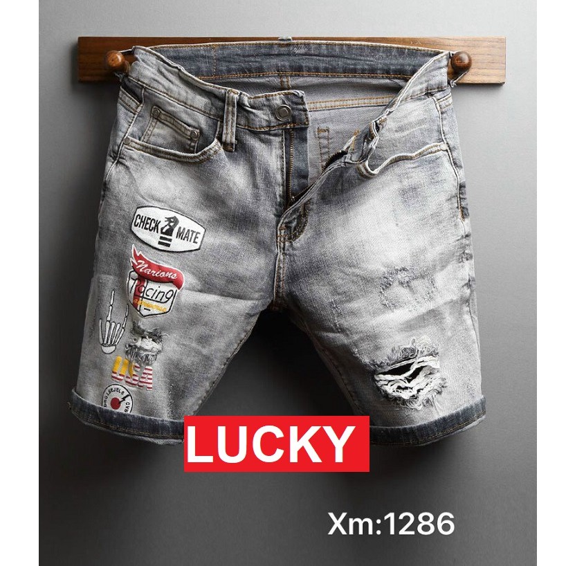 QUẦN SHORT JEAN NAM RÁCH CHẤT BÒ XÁM PHỐI LOGA CAO CẤP VS1286 LUCKY SHOP