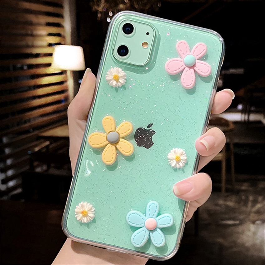 Ốp điện thoại TPU trong suốt phối kim tuyến trang trí hoa dễ thương cho IPHONE 11 PRO MAX 7 8 6 6S 6 PLUS X XR XS MAX