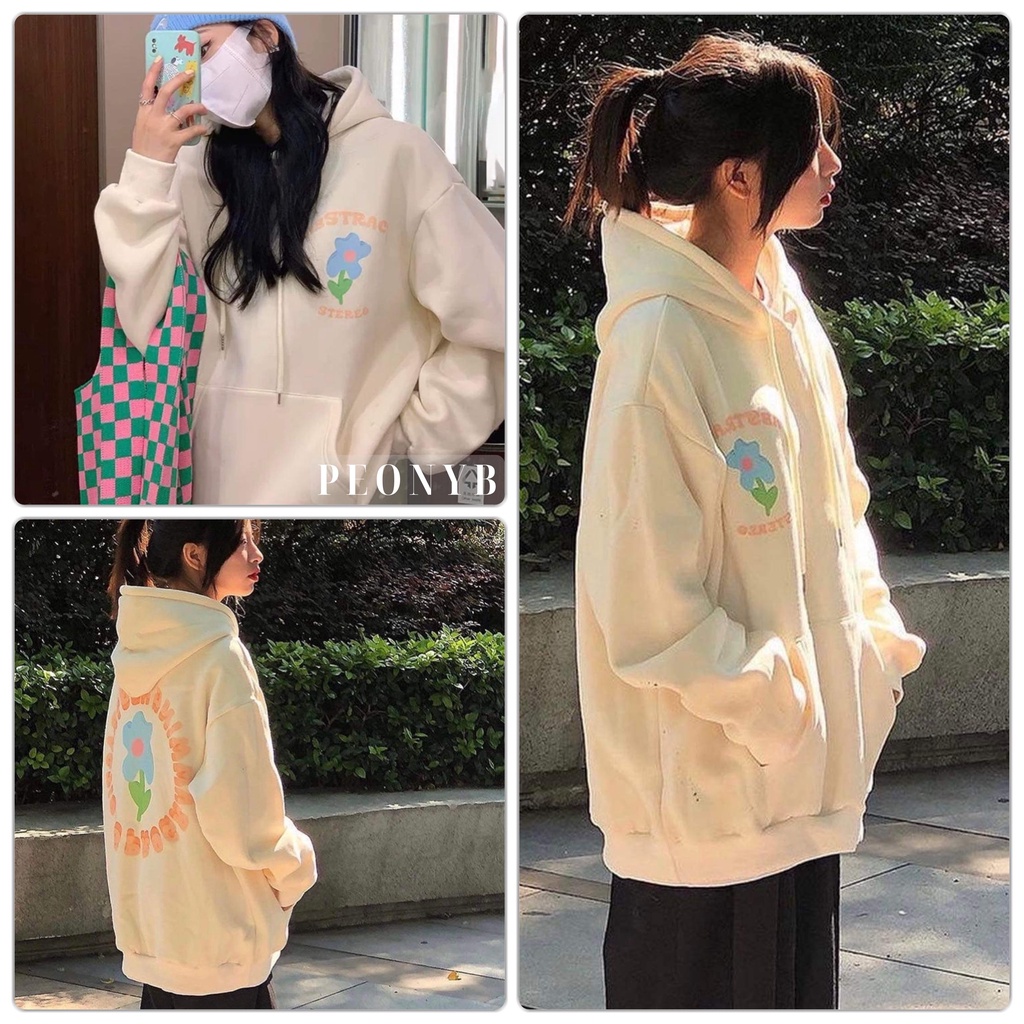 Áo Hoodie Hoa Stereo PEONYB Nữ [FREESHIP] Nỉ form rộng tay bồng màu trắng bánh bèo cute oversize kiểu dáng hàn quốc