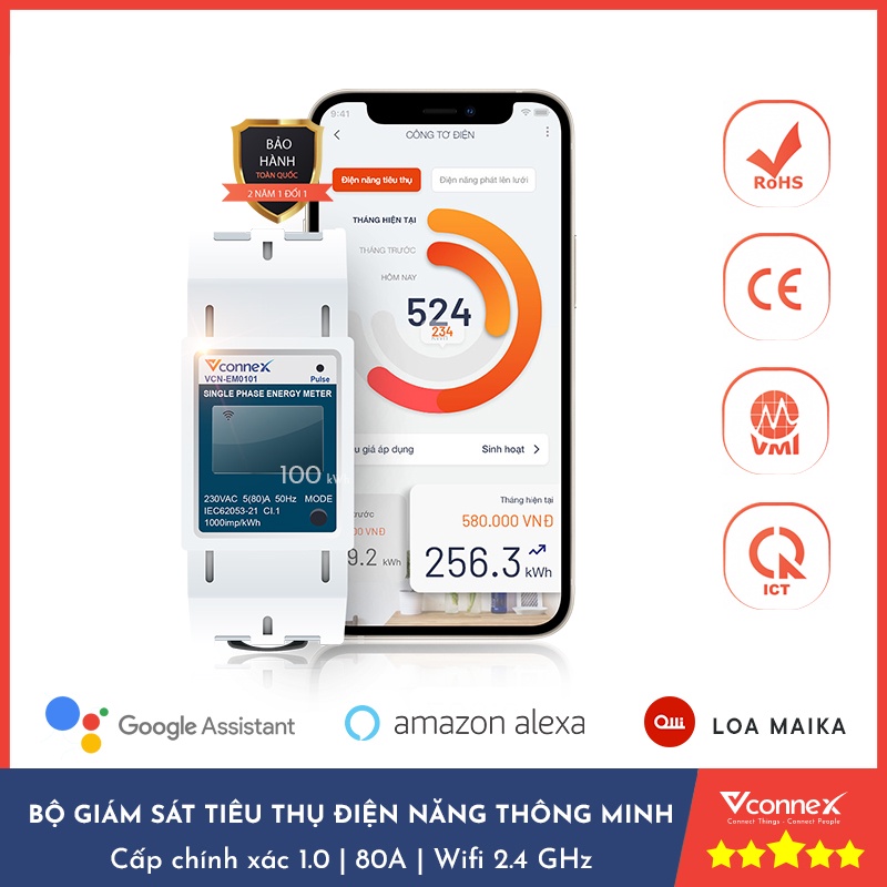 Công Tơ Điện Tử Thông Minh 1 Pha Vconnex - Giám Sát Và Theo Dõi Tiêu Thụ Điện, 80A, Class 1.0, Wifi 2.4 Hz