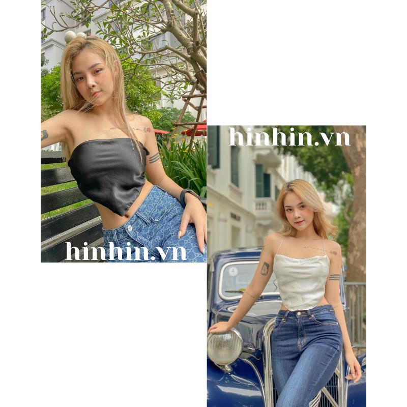 Áo croptop yếm lụa màu đen và màu trắng HAC89 - Hỉn Hỉn Store