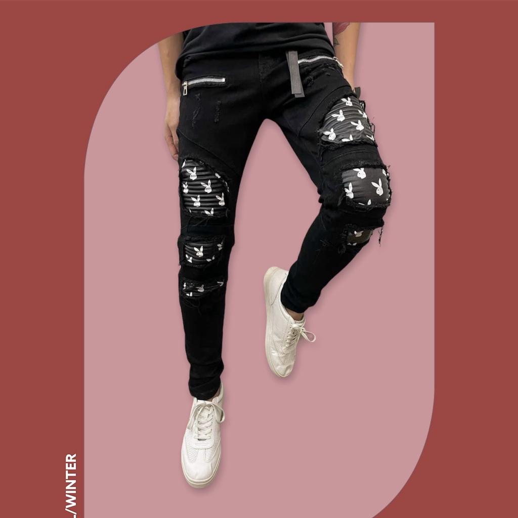 Quần Jean Nam Khóa Gối Vá Da Họa Tiết Thỏ . Quần Bò Nam Vá Da Thỏ Phối Rách Gối Ống Côn DT Fashion Menwear
