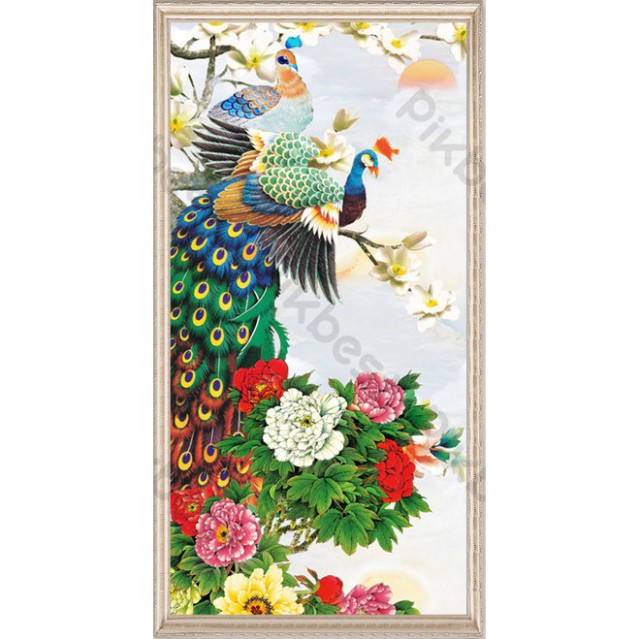 Hoa mẫu đơn và đôi chim công hạnh phúc, Tranh 3D dán tường hiện đại (tích hợp sẵn keo), MS 1119547