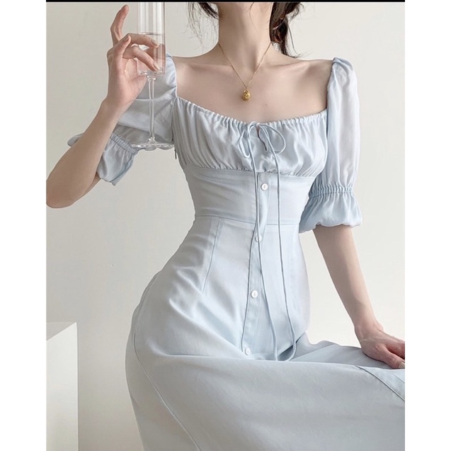 ĐẦM MIDI CỔ VUÔNG XẾP LY NGỰC TAY KHUC BO