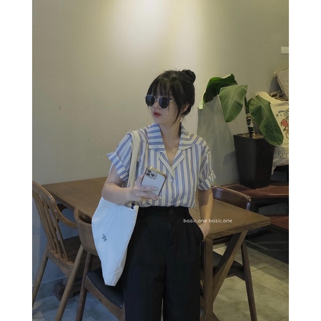 Áo sơ mi cộc tay kẻ sọc to Bazic one