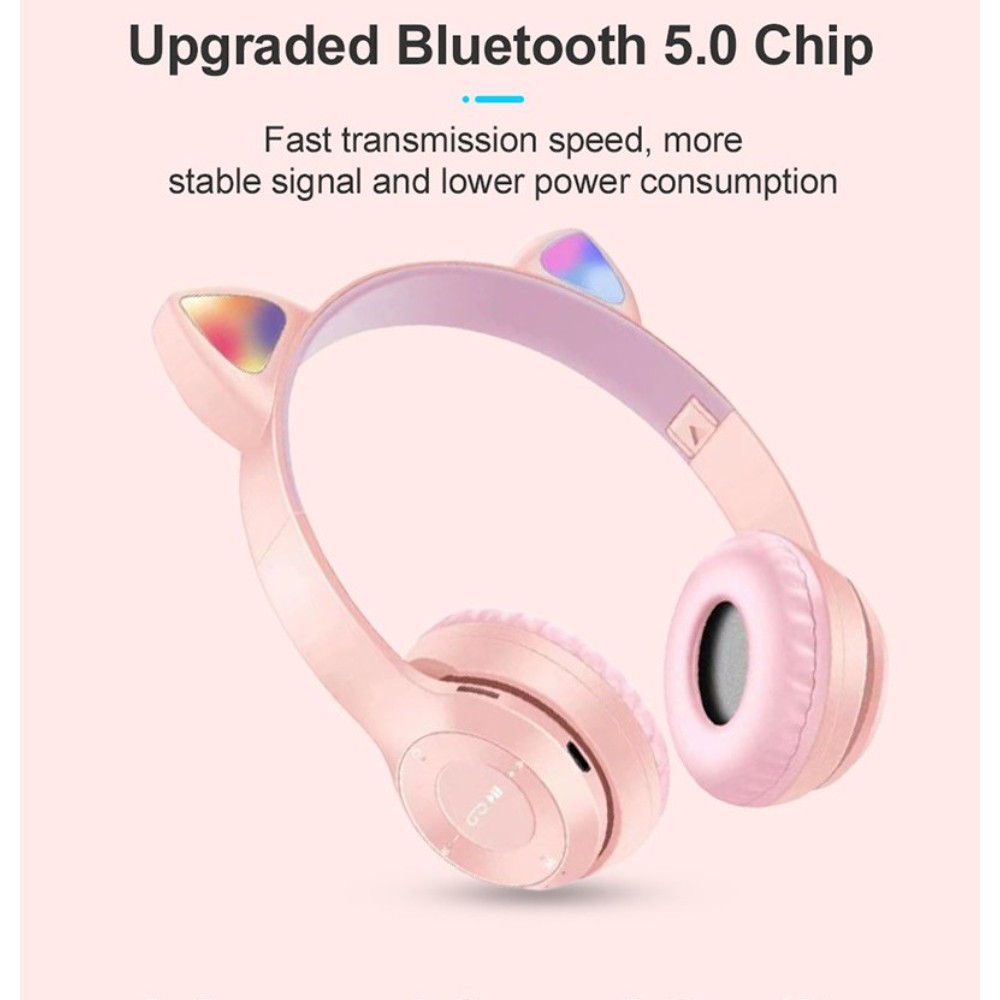 Tai nghe mèo bluetooth chụp tai cao cấp, Tai nghe mèo hồng dễ thương có micro đàm thoại, chơi game. Headphone phát sáng