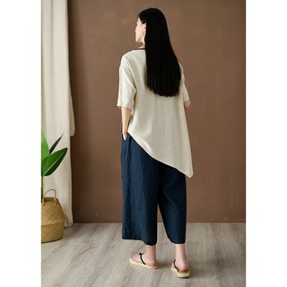 Áo linen chắp vá lệch tà