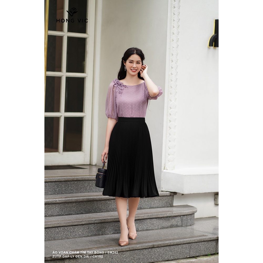 Áo nữ thiết kế Hong Vic voan chấm tím tay bồng SM242