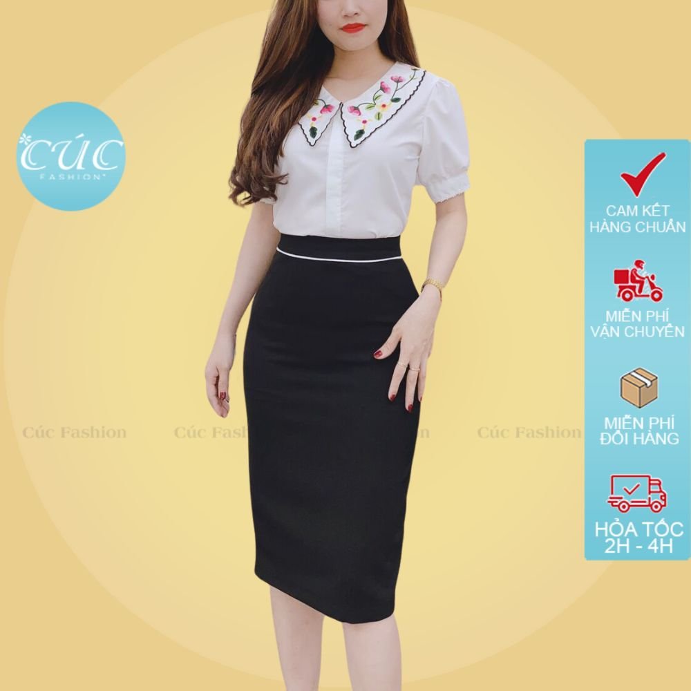 Chân váy nữ công sở cao cấp dáng dài Cúc Fashion CV224 cv kẻ viền eo trắng
