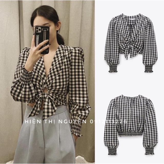 ÁO KẺ CARO CROPTOP NHÚM NƠ EO