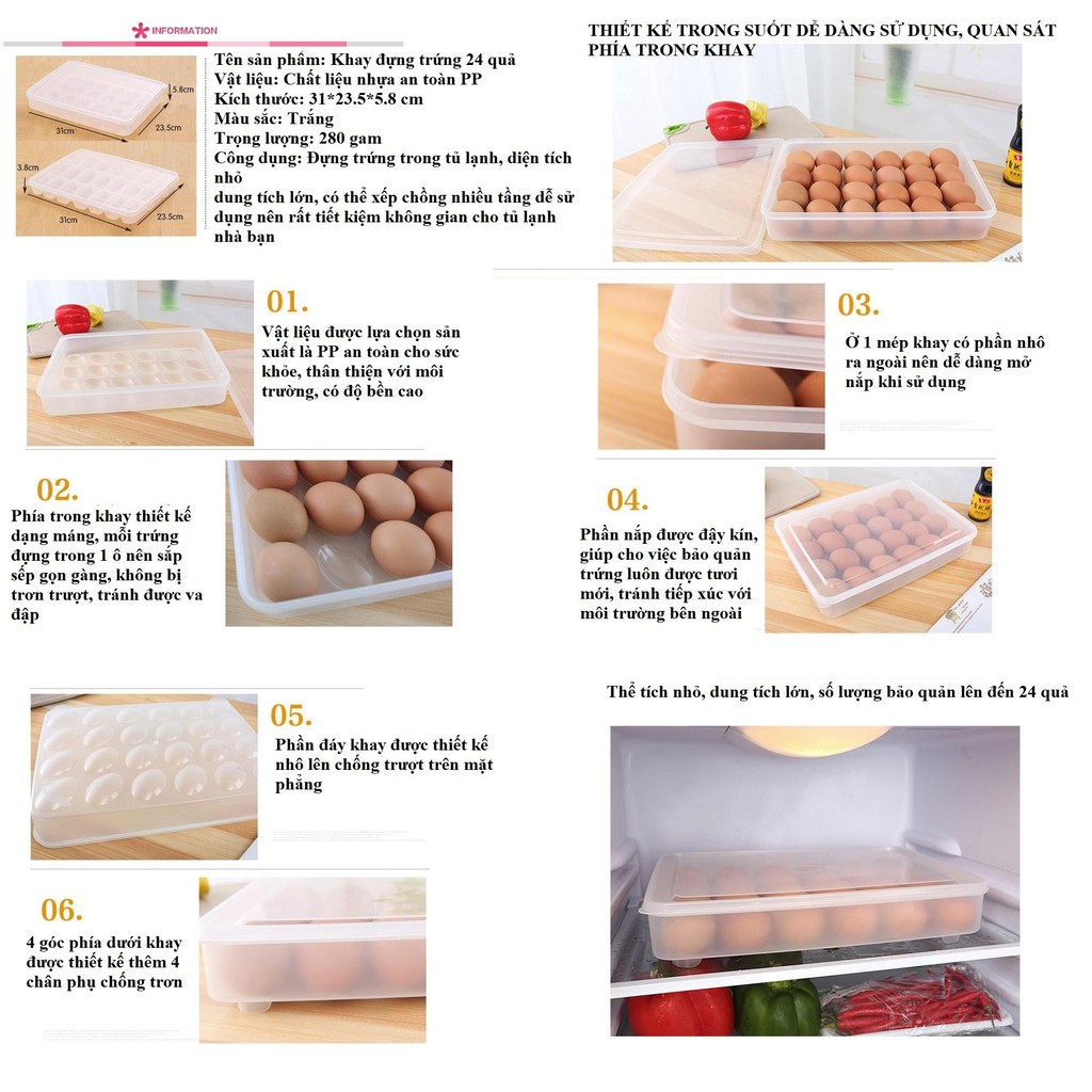 Khay đựng trứng 24 quả trong tủ lạnh có nắp, được cấu tạo bằng chất liệu nhựa cao cấp dày dặn shopaha247