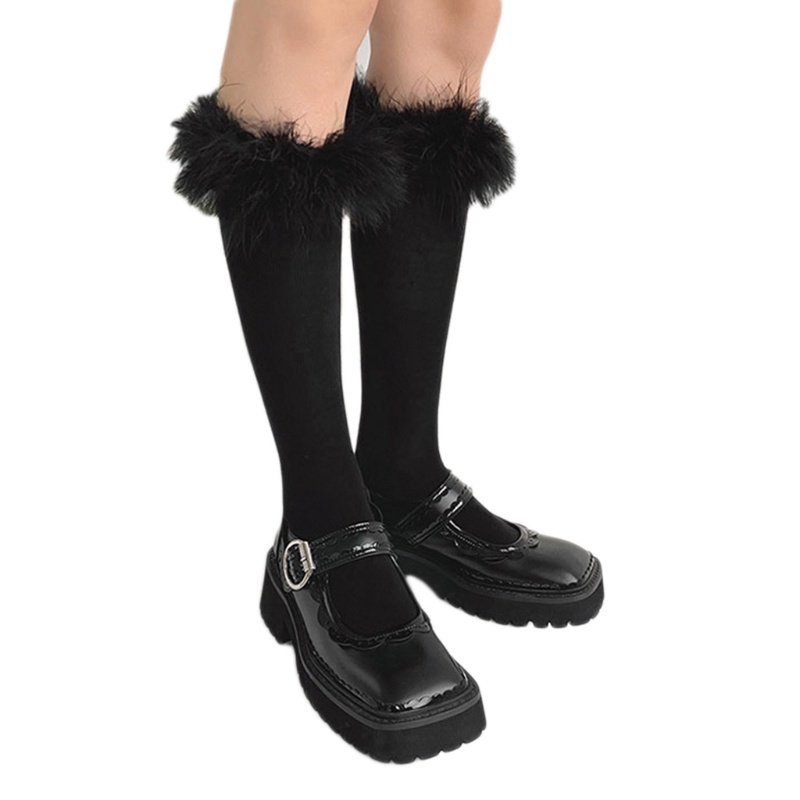 Đôi tất cổ cao ngang đầu gối lai viền lông vũ màu trơn ngọt ngào phong cách Kawaii Nhật Bản Bản