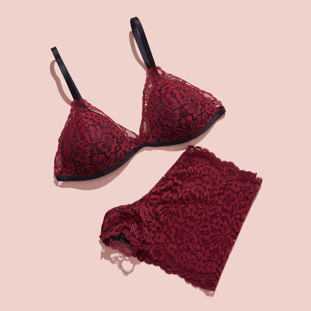 Set đồ lót bralette nữ ren hoa đỏ đô quần đùi boxer không gọng mút mỏng thương hiệu Mebra A092