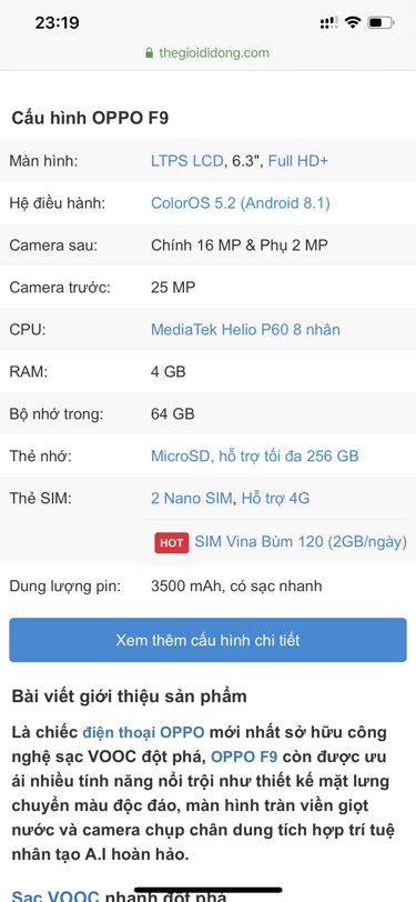 Điện Thoại Oppo F9 ( 4GB/64GB ). Hàng cũ đẹp 90%.