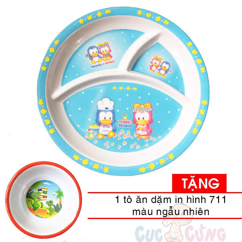 Khay cho bé tập ăn 3 ngăn hình tròn nhựa - 03N - màu xanh dương Tặng chén ăn dặm tròn in hình 711