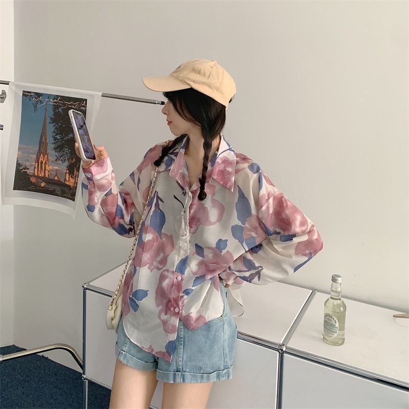 SUXI Áo Sơ Mi Tay Dài Chống Nắng Dáng Ôm In Họa Tiết Phong Cách Hàn Quốc Cổ Điển Thời Trang Mùa Hè Cho Nữ