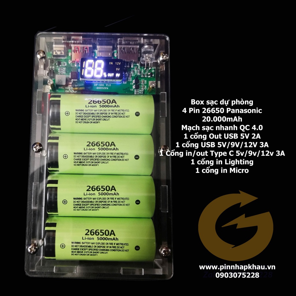 Box sạc dự phòng bằng mica sử dụng 4 pin 26650 20.000mah có sạc nhanh QC 4.0 báo pin bằng đồng hồ led
