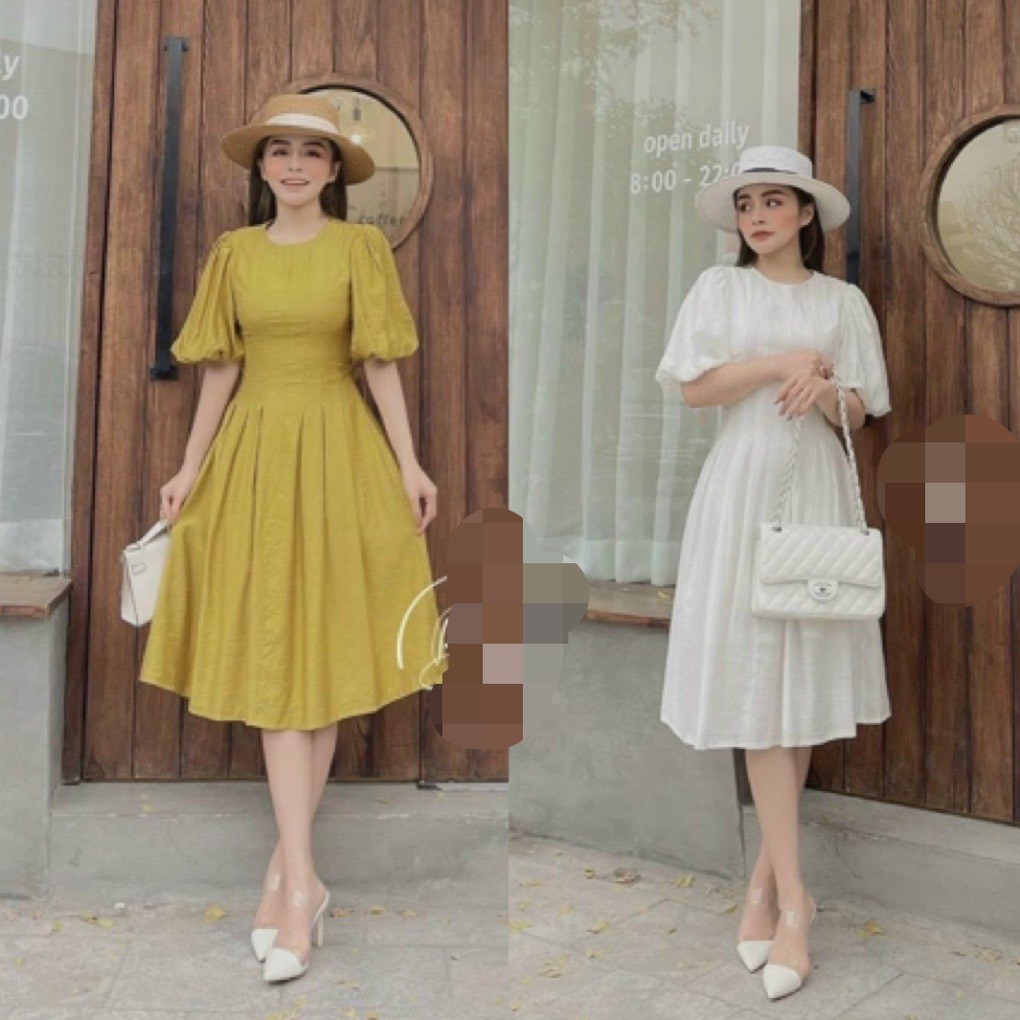 Đầm Xòe Xếp Li Tay Phồng, Đầm Midi Tiểu Thư Tay Bồng Xếp Ly Eo Đơn Giản Sang Trọng