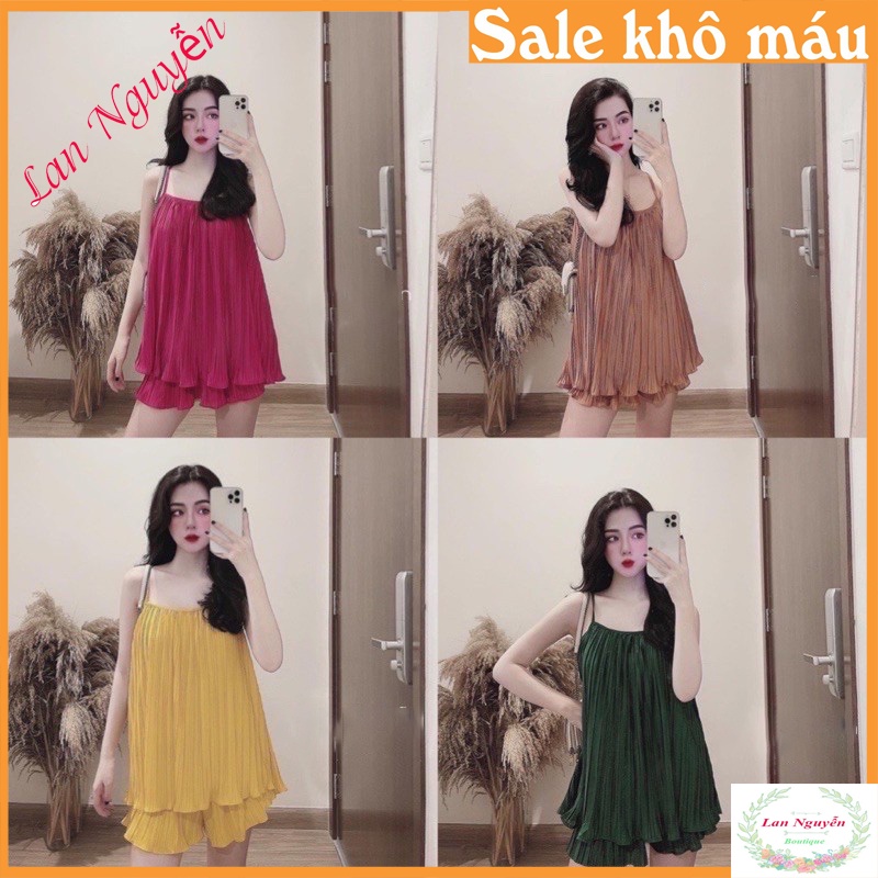 Bán sỉ Bộ áo 2 dây xếp li quần đùi 4 màu cho nữ