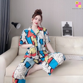 Bộ pijama nữ cộc tay quần dài chất liệu lụa 100D xịn, bộ đồ ngủ nữ pyjama họa tiết lập thể DC04