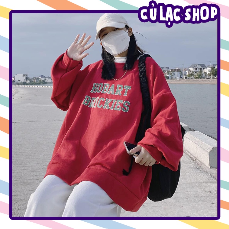 Áo Sweater nỉ HOBA màu đỏ Form Rộng Hàn Quốc